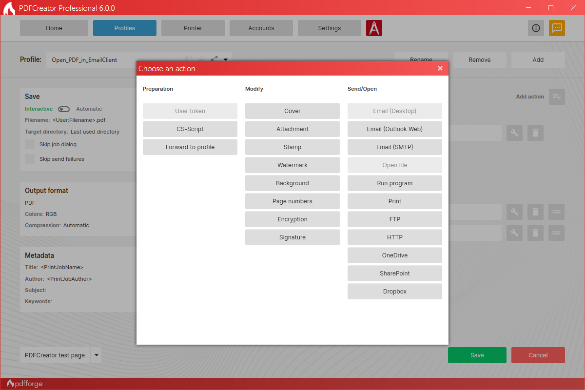 Actions available in PDFCreator